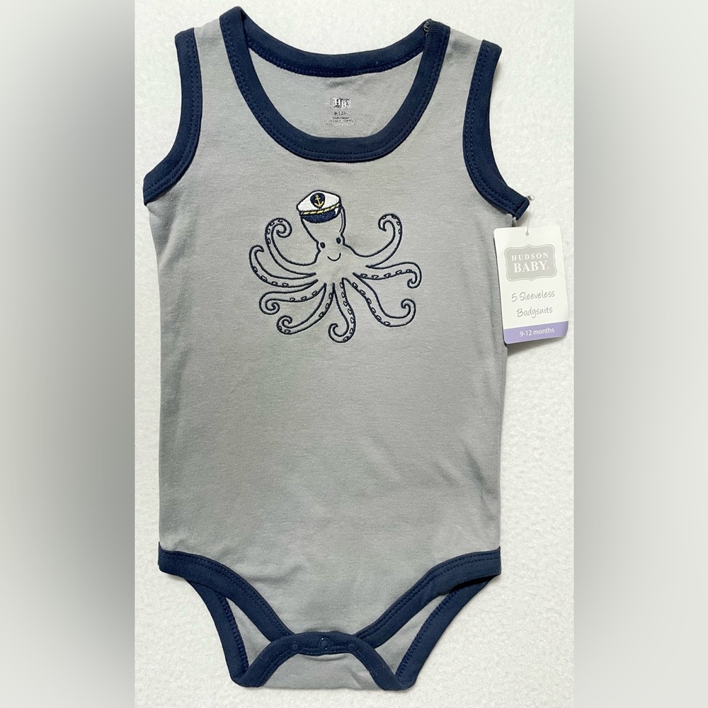 HB Infant Sleeveless Bodysuit 9-12 Months Gray Embroidered Sailor Octopus Design